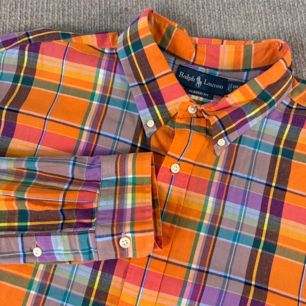 Ralph Lauren Classic Fit Plaid Button Down Shirt Orange Multi 3XLT Tall Mens